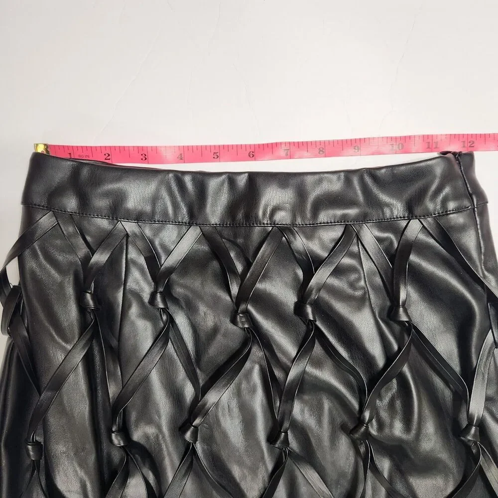 Black Fringe Mini Skirt Size XS Faux Leather PVC Braided Knots Rave Party
